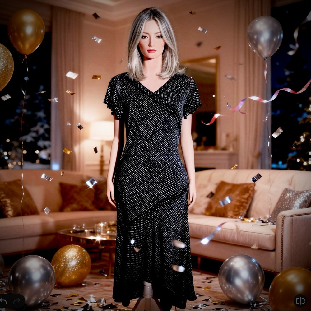 Vintage Adrianna Papell Black and White Silk Polka Dot Dress - Picture 2 of 9
